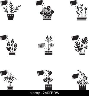 Houseplant fertilizzazione icone glyph nero impostato su spazio bianco. Alimentazione piante addomesticate. Coltivazione di piante. Giardinaggio interno. Supplementi di crescita. Silhouette Illustrazione Vettoriale