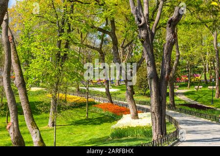 Variopinte aiuole durante l'annuale festival dei tulipani di aprile a Istanbul, nel Parco degli Emirati, in Turchia Foto Stock