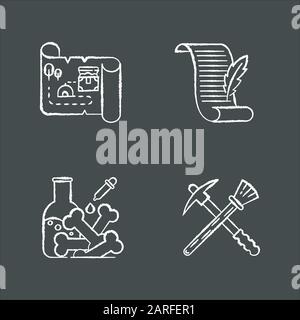 Archaeology insieme di icone gesso. Mappa del tesoro. Manoscritto antico. Ricerca di laboratorio. Attrezzature di restauro. Scoperte storiche. Pickaxe e pennello. Poesia, Illustrazione Vettoriale