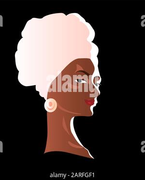 Bella ragazza africana in un turbante. Testa verticale. Immagine vettoriale su sfondo nero. Illustrazione Vettoriale