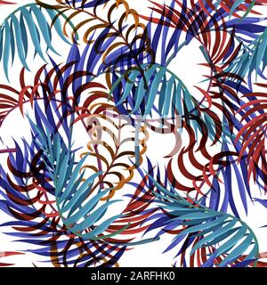 Motivo senza cuciture con foglie di palma blu, rosse e arancioni. Vettore. Illustrazione Vettoriale