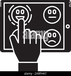 Icona glifo del sondaggio online. Condividi il feedback. Scelta dell'opzione. Emoticon per il prelievo a mano sul display del tablet. Livello di soddisfazione del cliente. Simbolo di silhouette. Ne Illustrazione Vettoriale