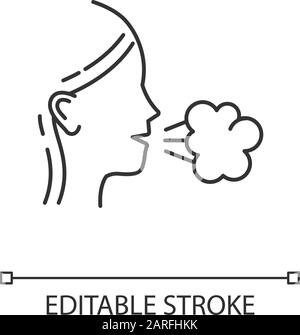 Icona lineare tosse ragazza. Freddo comune. Sintomo influenzale. Malattia respiratoria. Allergia. Assistenza Sanitaria. Tubercolosi. Illustrazione a linee sottili. Simbolo del contorno. Vect Illustrazione Vettoriale