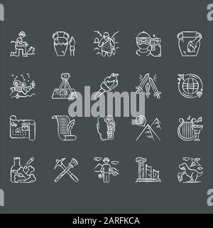 Archaeology insieme di icone gesso. Ricercatore sugli scavi. Antichi manufatti. Vita preistorica. Città perse. Vecchia cultura. Ricerca sul campo. Restauro. Flam Illustrazione Vettoriale