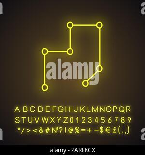 Icona della luce al neon sulle linee collegate. Rete di corse. Linee spezzate. Figura geometrica. Forma astratta. Forma isometrica. Segno incandescente con alfabeto, numeri a Illustrazione Vettoriale