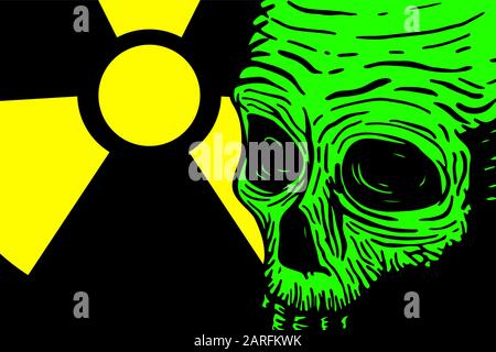 Modello banner con cranio di un uomo morto e luogo per il testo, con un avvertimento sulla radiazione e la tossicità. Illustrazione del disegno a mano vettoriale. Illustrazione Vettoriale