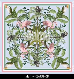 Sciarpa con alberi tropicali, fenicottero e pappagalli. Vettore. Illustrazione Vettoriale
