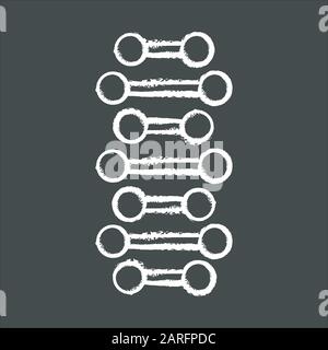 Icona del gesso delle catene a spirale del DNA. Punti collegati, linee. Elica di acido nucleico deossiribonucleico. Trefolo a spirale. Cromosoma. Biologia molecolare. Codice genetico. Illustrazione Vettoriale