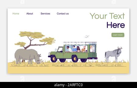 Modello vettore della landing page di Safari tour. La gente che osserva la fauna selvatica dal furgone. Indonesia turismo sito web interfaccia idea con illustrazioni piatte. Homepa Illustrazione Vettoriale