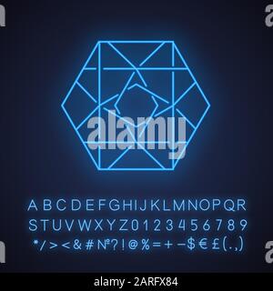 Icona della luce al neon esagonale ornamentale. Figura geometrica decorativa. Linee incrociate. Forma astratta. Forma isometrica. Segno incandescente con alfabeto, numeri un Illustrazione Vettoriale