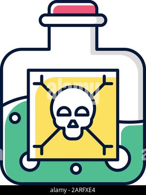 Icona del colore del liquido pericoloso. Sostanze chimiche altamente pericolose. Veleno verde in bottiglia. Chimica organica. Sostanza velenosa e dannosa. Etichetta delle ossa del cranio Illustrazione Vettoriale