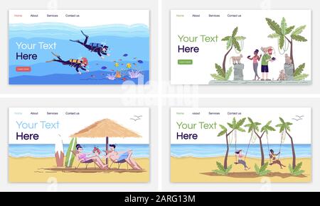 Indonesia turismo landing page vettore modello. Immersioni. Foresta delle scimmie. Spiaggia di Bali. Swing resort. Interfaccia web idea con illustrazioni piatte. Homep Illustrazione Vettoriale