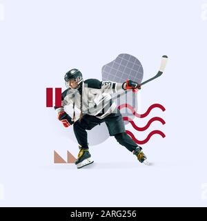 Sport creativo e stile geometrico. Giocatore di hockey femminile in azione, movimento su sfondo grigio. Spazio negativo per inserire il testo o l'annuncio. Design moderno. Collage d'arte contemporaneo colorato e luminoso. Foto Stock