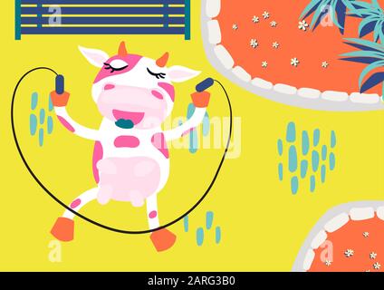 Cute corda di mucca salto in un parco di divertimento. Vettore di illustrazione del libro dei capretti. Illustrazione Vettoriale