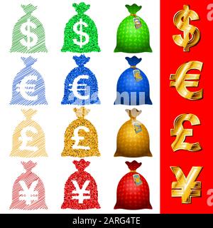 Icone vettoriali di valuta borse di denaro, sacchi; segno di USD, EUR, GBP, JPY; EPS8 Illustrazione Vettoriale