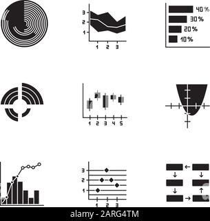 Set di icone glyph grafico e grafico. Istogramma orizzontale. Area cartografica. Curva di funzione. Diagramma radiale. Curva Pareto. Grafico della figura. Cablaggio dati. Silhouette Illustrazione Vettoriale