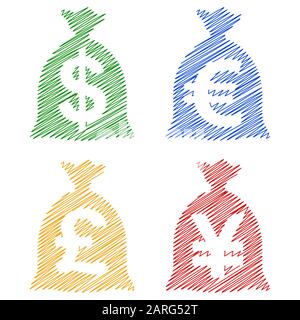 Borse di valuta finanziaria USD, EUR, GBP, JPY delle linee di cova; EPS8 Illustrazione Vettoriale