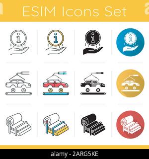 Icone dei tipi di settore impostate. Cartello informativo. Produzione automobilistica. Riparazione auto, impianto veicolo. Pupi e produzione di carta. Design piatto, lineare, nero Illustrazione Vettoriale