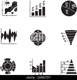 Set di icone glyph grafico e grafico. Mappa della temperatura. Istogramma verticale. Diagramma a torta. Grafico imbuto. Diagramma Venn. Sunburst. Grafico misto. Piramide. Silhouette Illustrazione Vettoriale