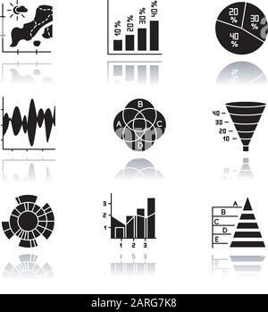 Set di icone glyph nere con ombreggiatura grafico e grafico. Mappa della temperatura. Istogramma verticale. Diagramma a torta. Grafico imbuto. Diagramma Venn. Grafico Sunburst. Misto Illustrazione Vettoriale