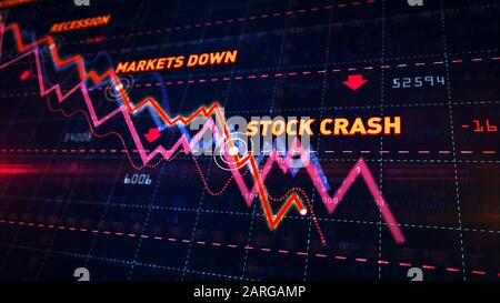 Tabella dei mercati azionari in basso sullo sfondo della griglia. Concetto astratto di stagnazione finanziaria, recessione, crisi, crollo delle imprese e collasso economico. Downwa Foto Stock