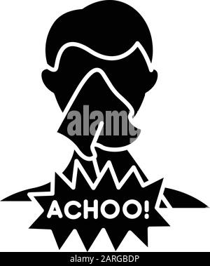 Icona tosse glifo. Malato con tessuto. Malattia. Salute. Starnuti. Freddo comune. Virus dell'influenza. Allergia. Malattia contagiosa. Simbolo di silhouette. Nega Illustrazione Vettoriale