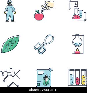 Set di icone colori per lo sviluppo scientifico. Attrezzature per biotecnologie. Metodologia sperimentale. Lavorare in laboratorio. Cambiare la natura. Chimica organica rese Illustrazione Vettoriale