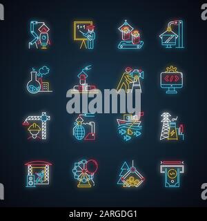 Set di icone per luci al neon di tipo industriale. Produzione di beni e servizi. Sviluppo tecnologico. Attività umane a scopo di lucro. Aziende in vari settori Illustrazione Vettoriale