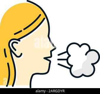 Icona del colore della tosse della ragazza. Freddo comune. Virus dell'influenza. Sintomo influenzale. Malattia di Grippe. Malattia respiratoria. Malattia da allergia. Assistenza Sanitaria. Starnuti. Tubercolo Illustrazione Vettoriale