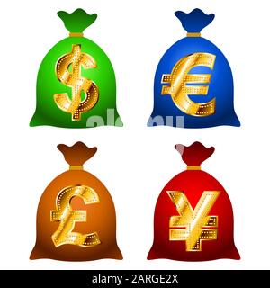 Borse di valuta finanziaria USD, EUR, GBP, JPY con segni d'oro di etichette di valuta; EPS8 Illustrazione Vettoriale