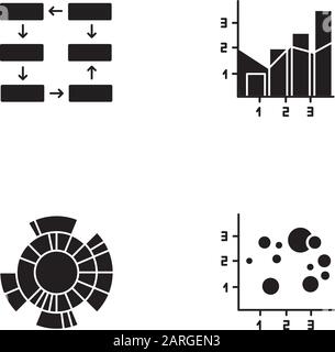 Set di icone glyph grafico e grafico. Connessione dati. Fasi del processo, fasi di avanzamento. Grafico misto. Diagramma Sunburst. Grafico a bolle di dispersione. Affari. Silho Illustrazione Vettoriale