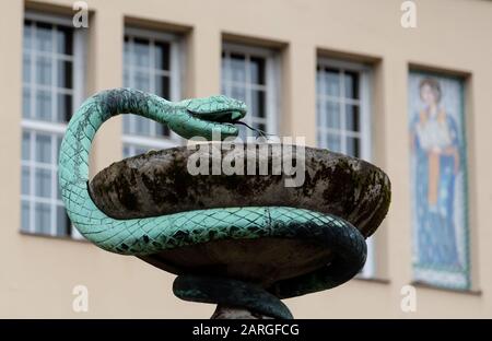 Monaco, Germania. 28th Gen 2020. La scultura di un 'serpente Esculapiano' si può vedere di fronte all'ingresso principale del Schwabing Hospital. Il primo paziente di coronavirus confermato in Germania è nel reparto di isolamento presso l'ospedale Schwabing di Monaco. Credit: Sven Hoppe/Dpa/Alamy Live News Foto Stock