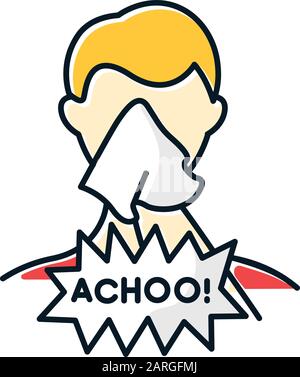 Icona del colore della tosse. Malato con tessuto. Malattia, sintomo di malattia. Salute. Starnuti. Freddo comune. Infezione influenzale. Virus dell'influenza. Persona con allergia. Illustrazione Vettoriale