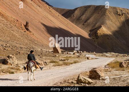 Uomo con il suo cavallo nella valle di Chehel Burj (Forty Towers fortezza), Yaklawang provincia, Bamyan, Afghanistan, Asia Foto Stock