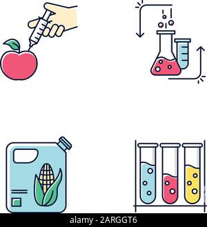 Set di icone colori scienza e natura. Prodotti per biotecnologie. Metodologia sperimentale. Lavorare in laboratorio. Scienziati di microbiologia. Chemistr. Organico Illustrazione Vettoriale