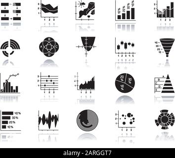 Set di icone glyph nere con ombreggiatura grafico e grafico. Grafico a torta, Venn. Istogramma orizzontale verticale. Diffusione, grafico dell'area. Curva Pareto. Temperatura m Illustrazione Vettoriale