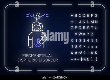 Icona della luce al neon del disturbo disforico di Predstrual. Crampi mestruali. Donna in dolore. PMS. Assistenza sanitaria premestruale. Segno incandescente con alfabeto, numeri a Illustrazione Vettoriale