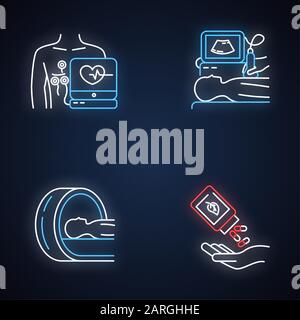 Procedura medica con set di icone al neon. Elettrocardiogramma. Diagnostica a ultrasuoni. Tomografia. Scansione cerebrale per il tumore. Omeopatia. Pillole organiche. Gl Illustrazione Vettoriale