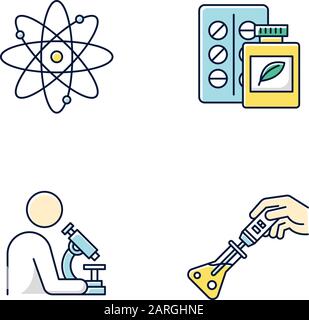 Set di icone colori per lo sviluppo scientifico. Prodotti per biotecnologie. Metodologia sperimentale. Lavorare in laboratorio. Scienziati di microbiologia. Chimico organico Illustrazione Vettoriale