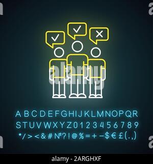 Icona della luce al neon di rilievo di massa. Opinione sociale, sondaggio pubblico. Persone che votano. D'accordo e in disaccordo. Feedback positivo e negativo. Segno incandescente con alfabeto, Illustrazione Vettoriale