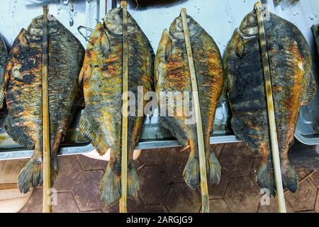 Pesce alla brace con bastoni in una stalla nel mercato del granchio in questa località famosa per i suoi frutti di mare, Kep, Cambogia, Indochina, Sud-Est asiatico, Asia Foto Stock