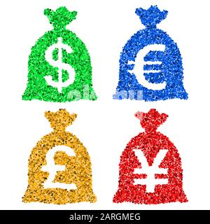 Borse di valuta finanziaria USD, EUR, GBP, JPY da circoli (confetti); EPS8 Illustrazione Vettoriale