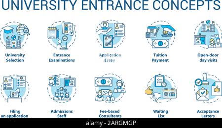 Set icone concetto ingresso Università. Selezione dell'Accademia, preparazione di documenti, esami e illustrazioni di linea sottile dell'idea di ammissione. Vettore isolato Illustrazione Vettoriale