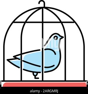 Pigeon in gabbia colore blu icona. Uccello prigioniero. Presagio di pace. Nightingale in cattività. Narrazione della Bibbia. Simbolo cristiano di purezza. Storia del Vangelo. Illustrazione Vettoriale