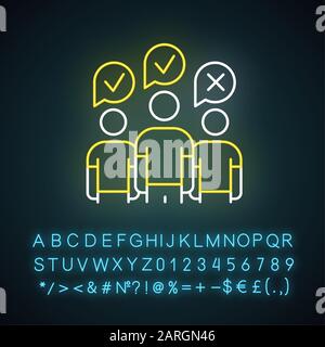 Icona della luce al neon di un sondaggio della comunità. Questionario amministrato dal gruppo. Sondaggi di opinione pubblica. Ricerca sociale. Feedback. Segno incandescente con alfabeto, num Illustrazione Vettoriale