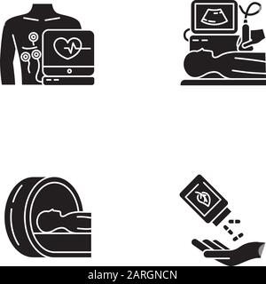 Set di icone glifi per procedure mediche. Elettrocardiogramma. Diagnostica a ultrasuoni. Tomografia. Scansione cerebrale. Omeopatia. Pillole organiche. Supplemento alle erbe. Si Illustrazione Vettoriale