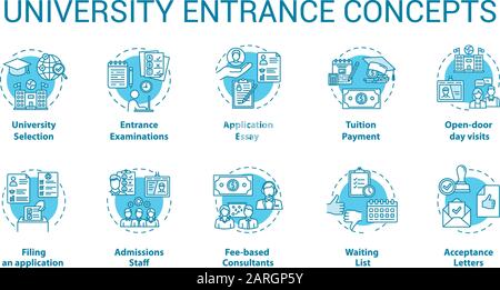 Set icone concetto ingresso Università. Selezione dell'Accademia, preparazione di documenti, esami e illustrazioni di linea sottile dell'idea di ammissione. Vettore isolato Illustrazione Vettoriale