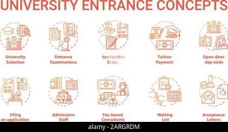 Set icone concetto ingresso Università. Selezione dell'Accademia, preparazione di documenti, esami e illustrazioni di linea sottile dell'idea di ammissione. Vettore isolato Illustrazione Vettoriale