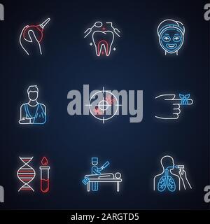 Procedura medica con set di icone al neon. Assistenza Sanitaria. Cast ortopedico. Immunoterapia. Cura dentale. Cosmetologia. Bendaggio. Genetica. Autopsia. Bronsco Illustrazione Vettoriale