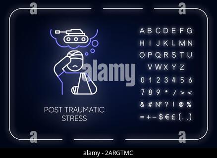 Icona di luce al neon da stress post-traumatico. Veterano con ansia. Soldato depresso. PTSD psicoterapia. Disturbo mentale. Segno incandescente con alfabeto, numbe Illustrazione Vettoriale